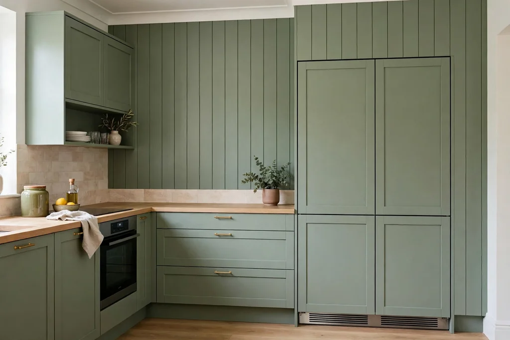 Kitchen wall with sage green panels on an integrated fridge.