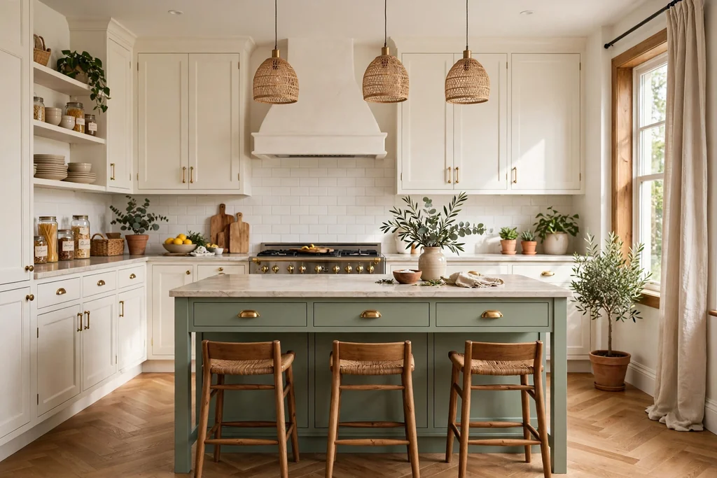 Warm white kitchen with a sage green island and wood stools.
