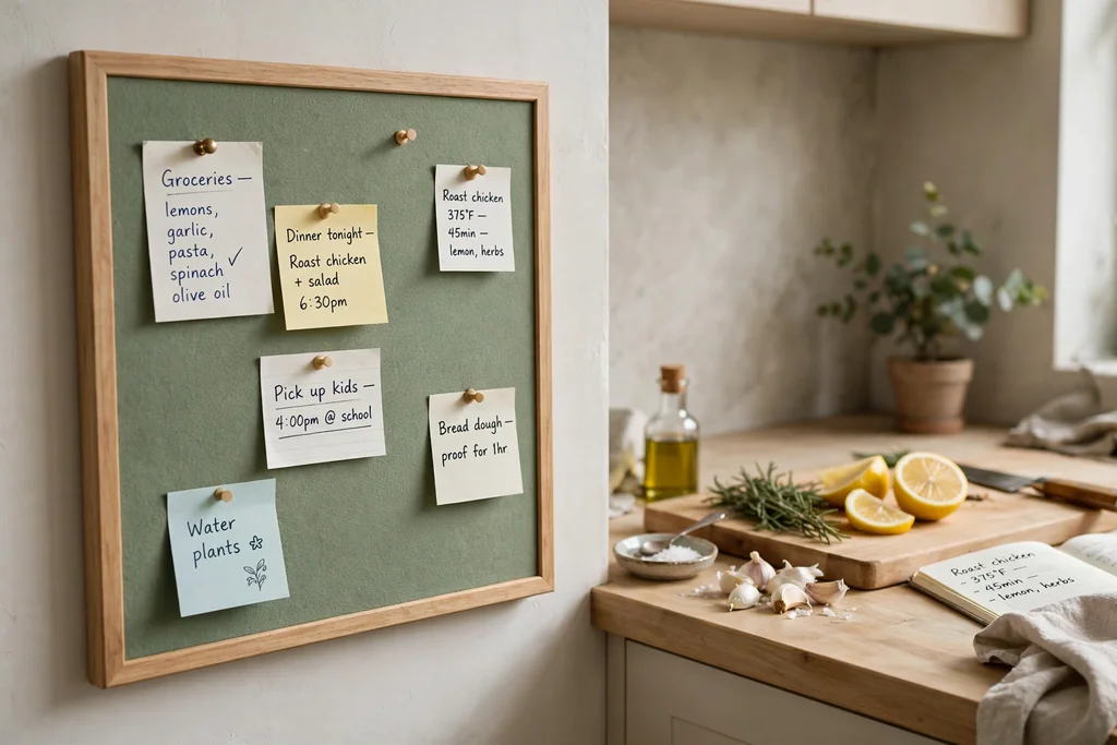 Sage green memo board beside a kitchen prep counter with notes.