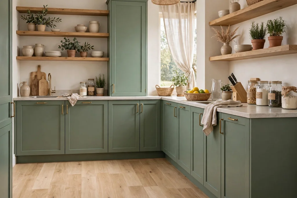 Sage green cabinets with light oak floors and oak shelves.