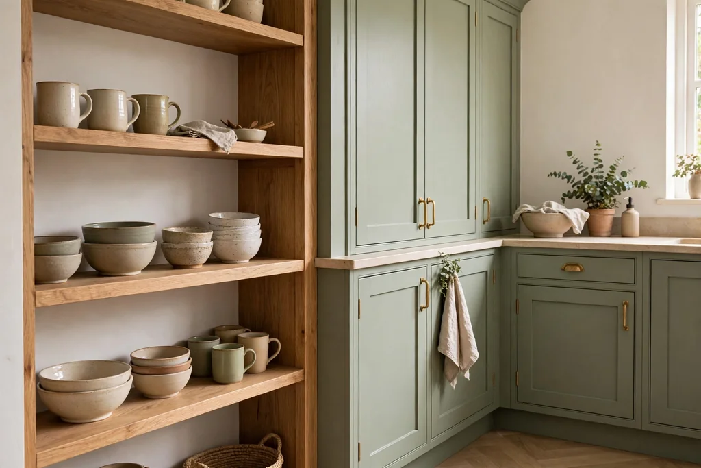Open light oak shelves beside sage green cabinets with mugs and bowls.