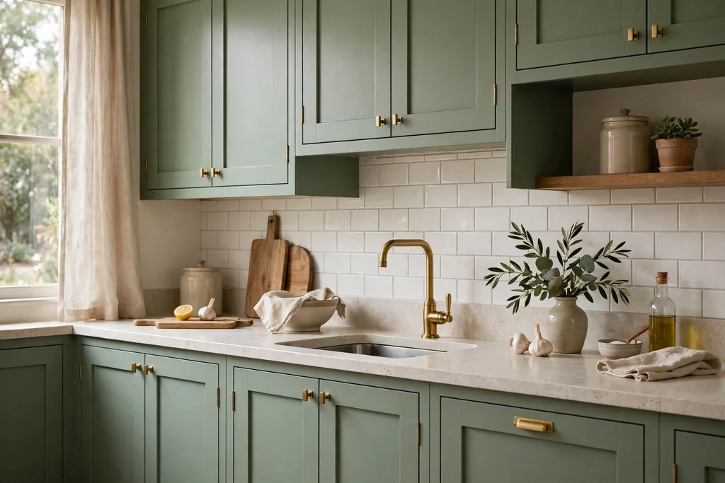 Sage green cabinets with a pale stone counter and brass tap.