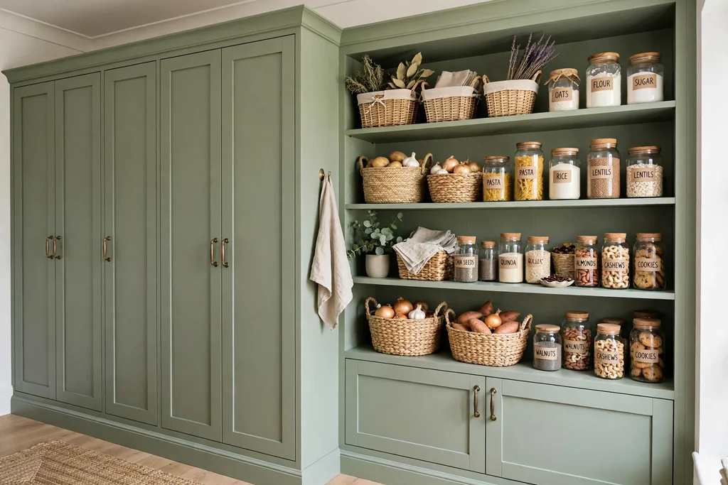 Floor to ceiling sage green pantry cabinets with baskets and jars.