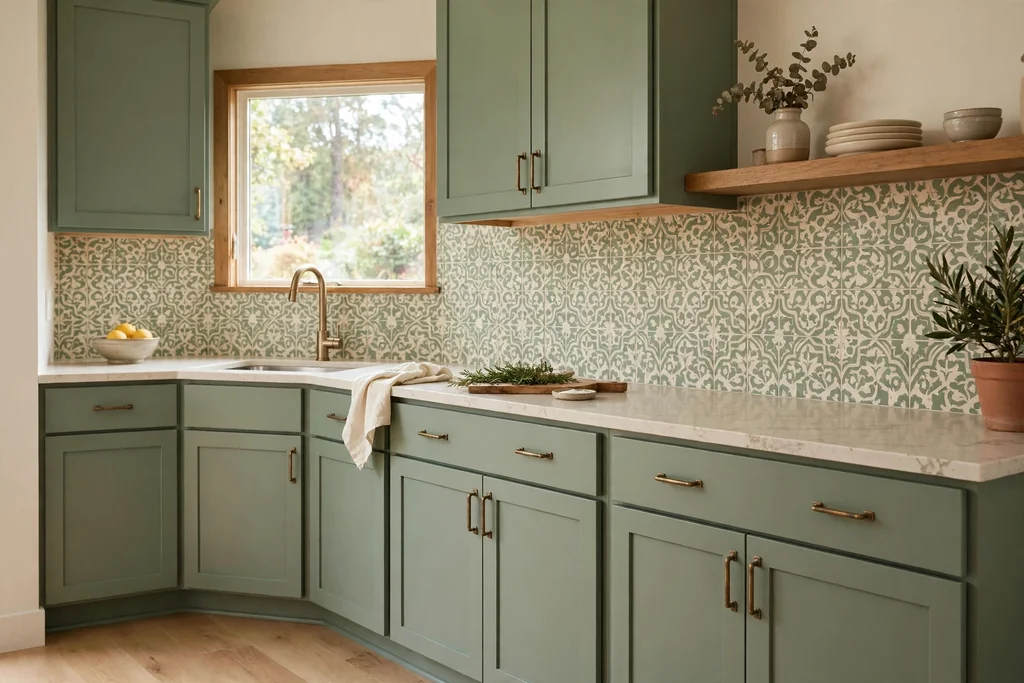 Sage green cabinets with a patterned tile backsplash in sage and cream.