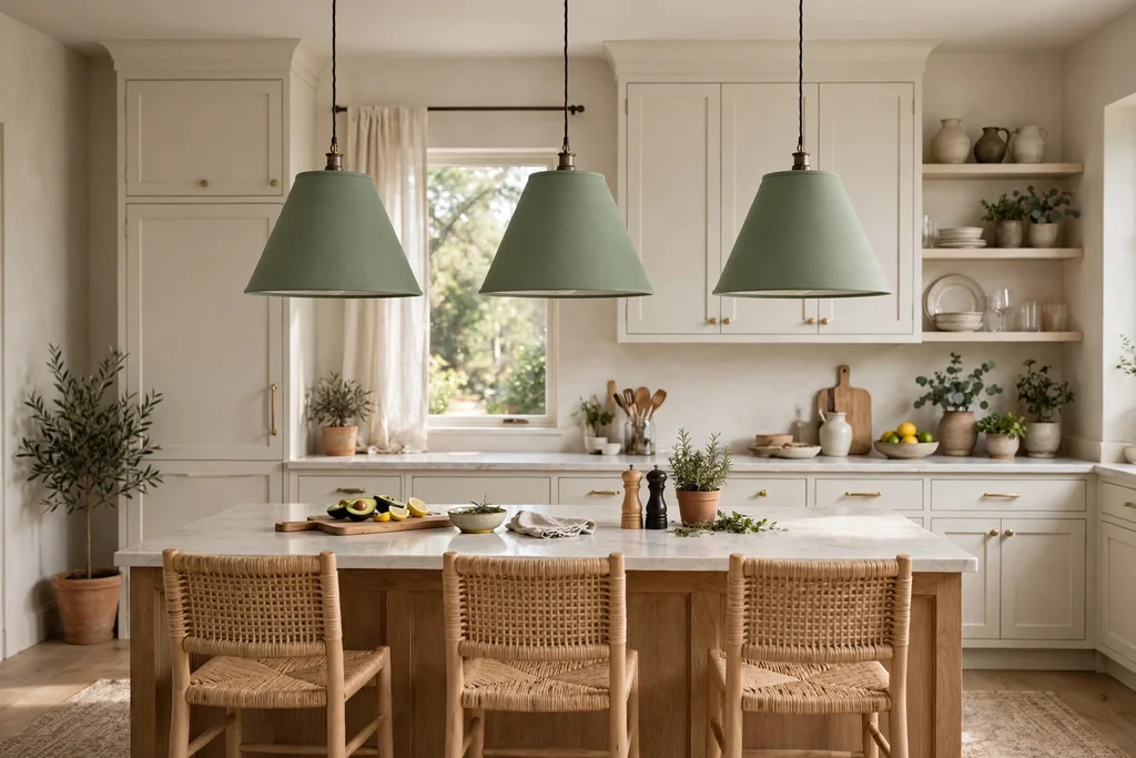 Sage green pendant shades hanging over a kitchen island.