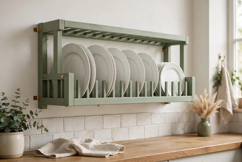 Sage green plate rack on a kitchen wall holding white plates.