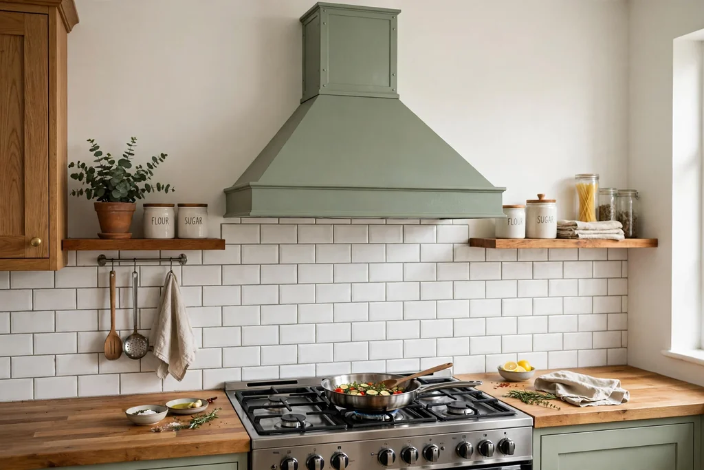 Kitchen cooking wall with a sage green range hood cover.