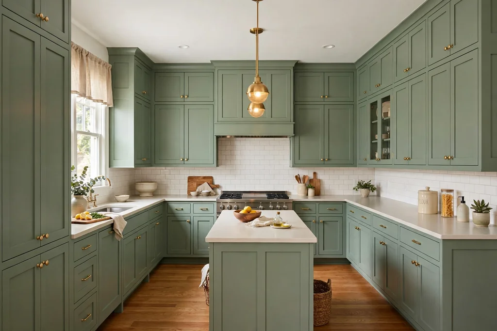 Kitchen with sage green Shaker cabinets on every wall and a pale counter.