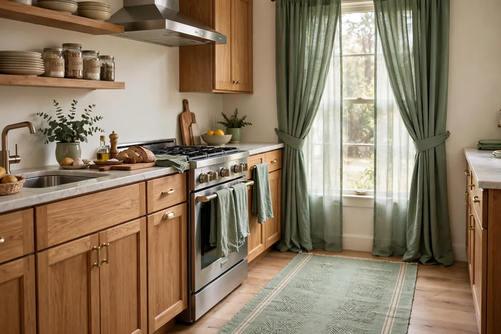 Kitchen with a sage green runner, towels, and window curtains.