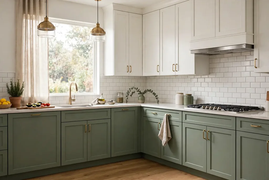 Kitchen with sage green lower cabinets and white upper cabinets.