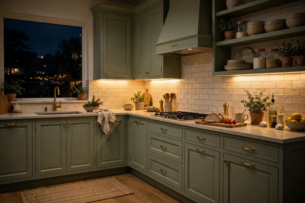 Sage green kitchen at night with warm under cabinet lighting.