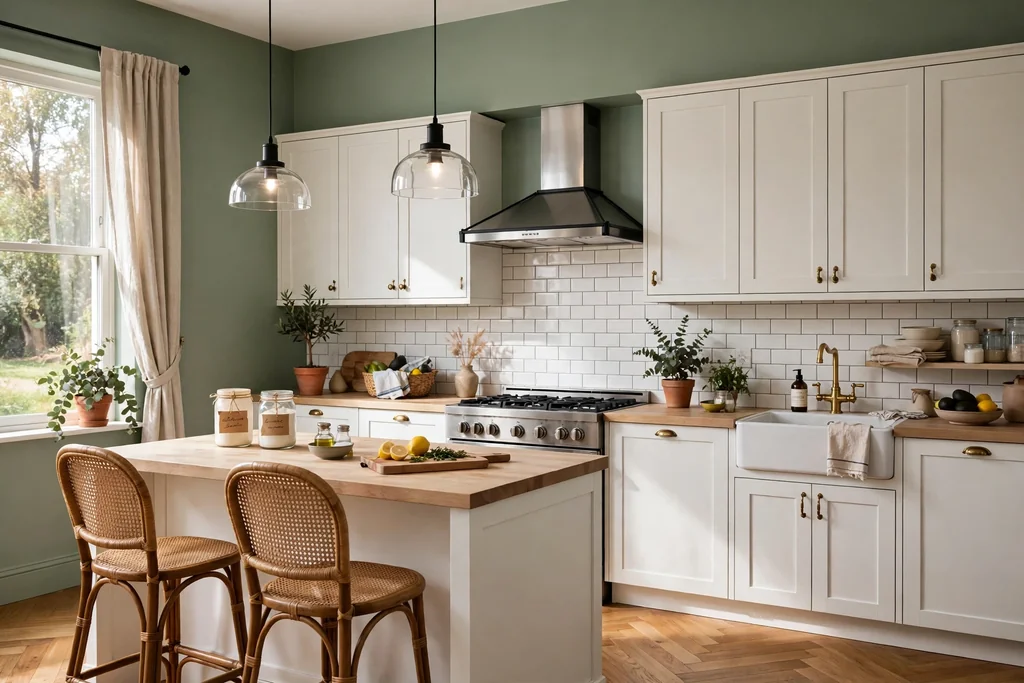 Kitchen with sage green walls and white cabinets.
