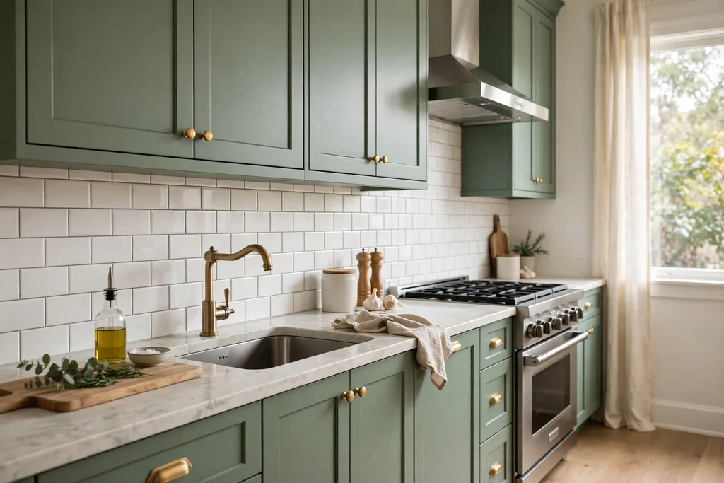 Sage green cabinets with a white subway tile backsplash.