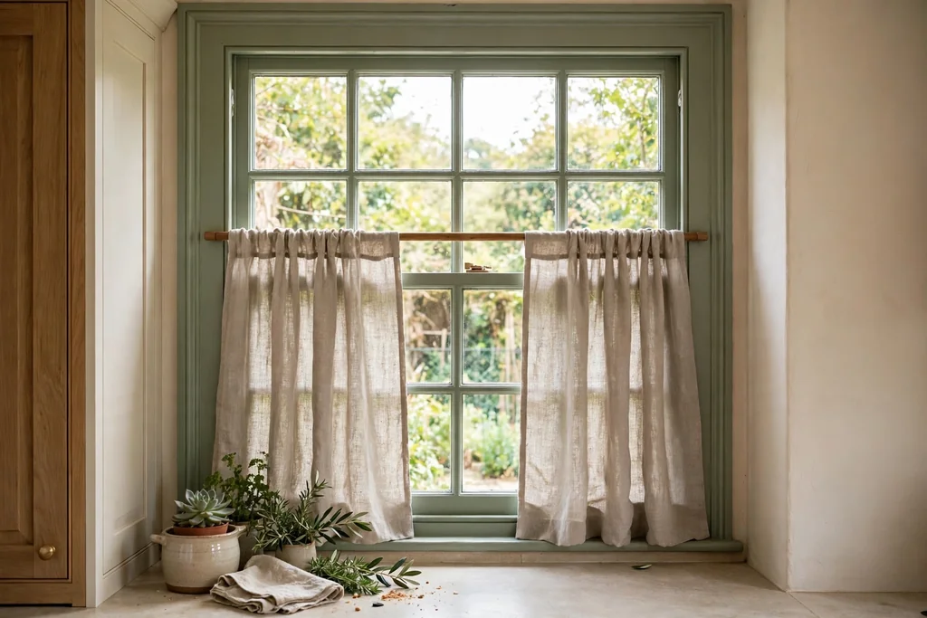 Kitchen window with a sage green frame and linen cafe curtains.