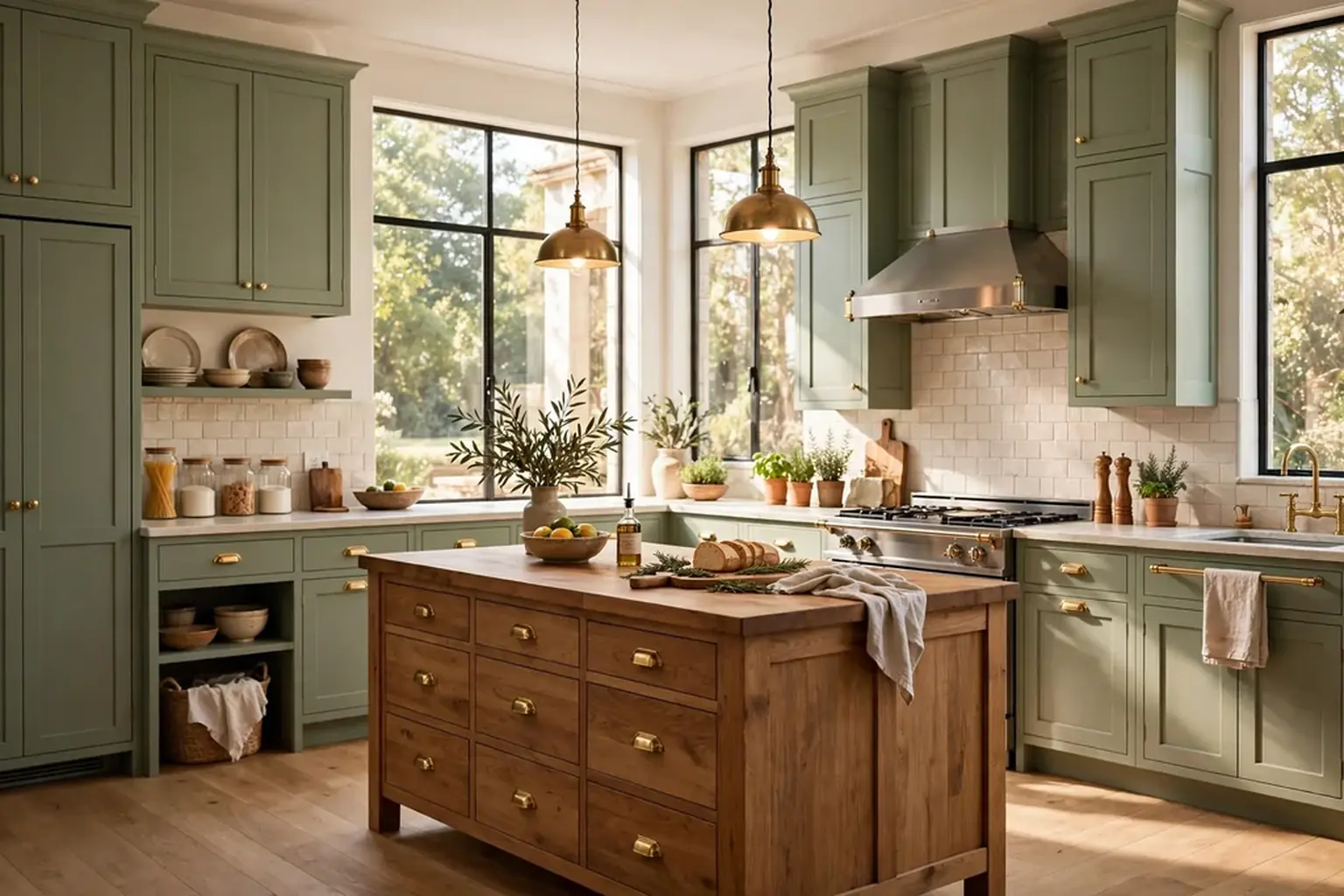 Wide sage green kitchen with sage lower cabinets, white upper cabinets, brass hardware, and warm daylight.