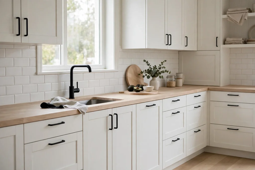 Pale Scandinavian kitchen with a black tap and black handles.
