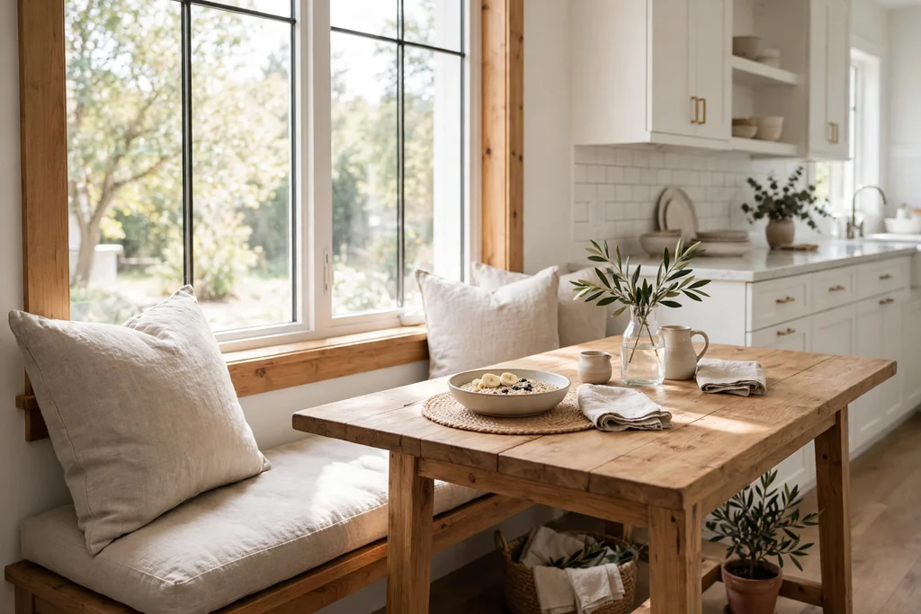 Kitchen breakfast nook with a wood table and linen cushions by a window.