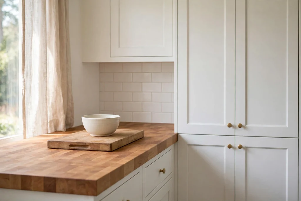 Kitchen counter section with a warm butcher block top.