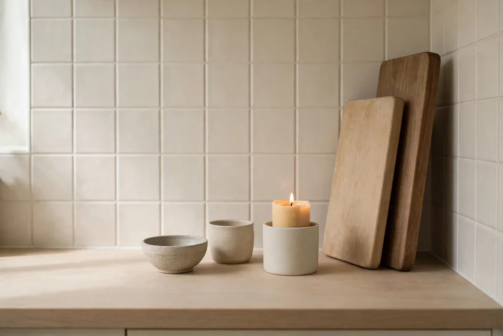 Kitchen counter with a candle, ceramics, and wood boards.