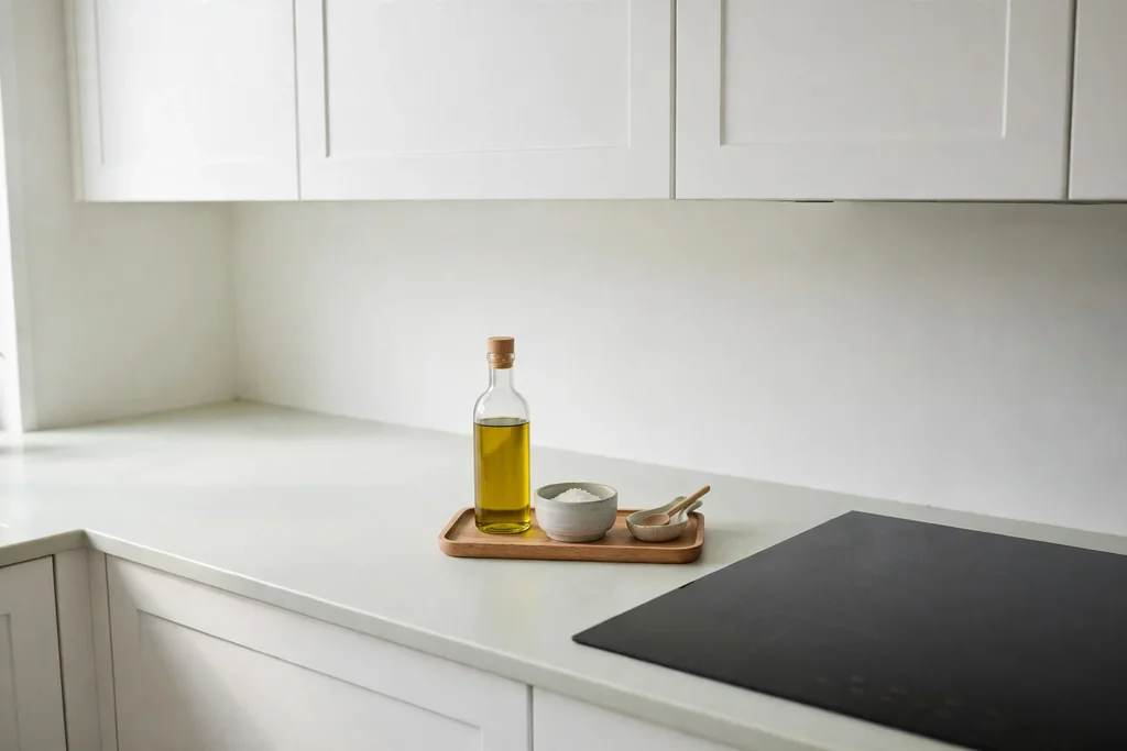 Clear Scandinavian kitchen counter with one small tray.
