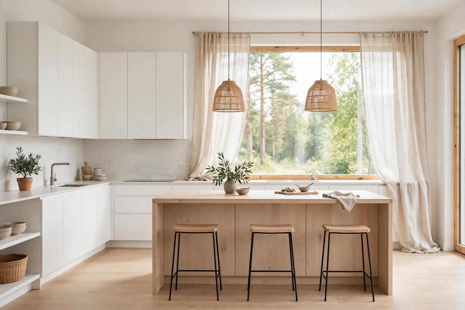 Wide bright Scandinavian kitchen with white cabinets, a pale wood island, and sheer linen curtains.