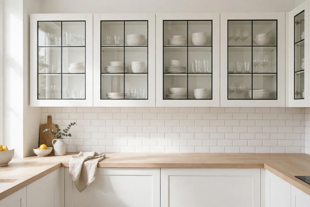 White kitchen with glass-front cabinets showing white dishes.