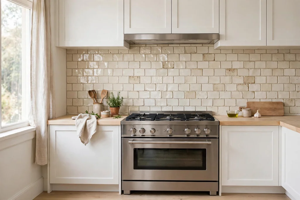 Kitchen with a handmade cream tile backsplash behind the cooker.