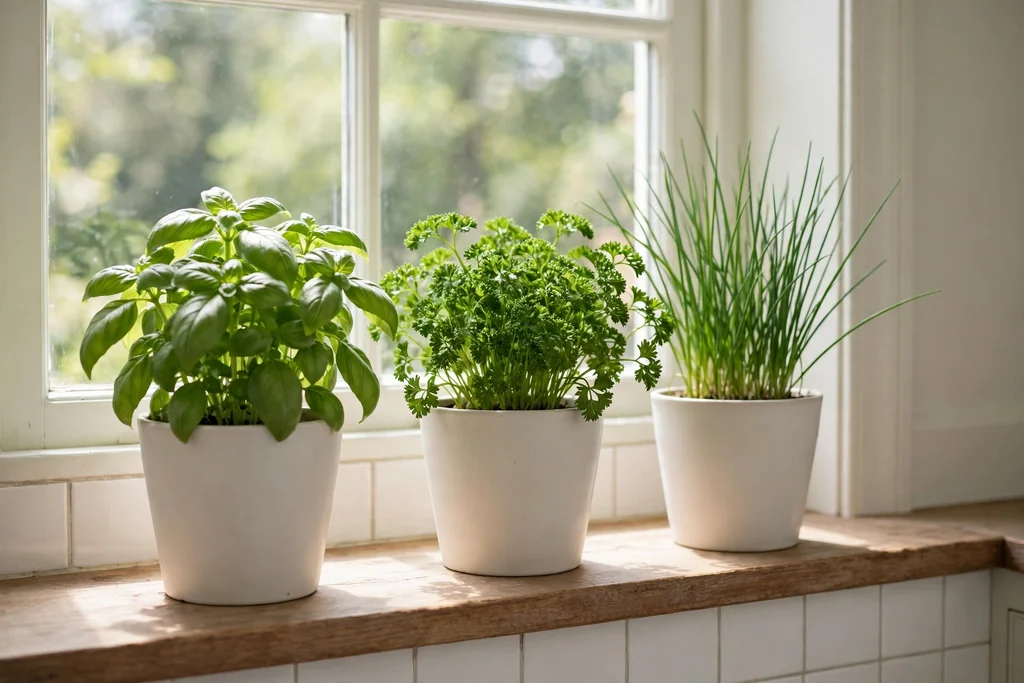 Kitchen windowsill with potted herbs and green plants.