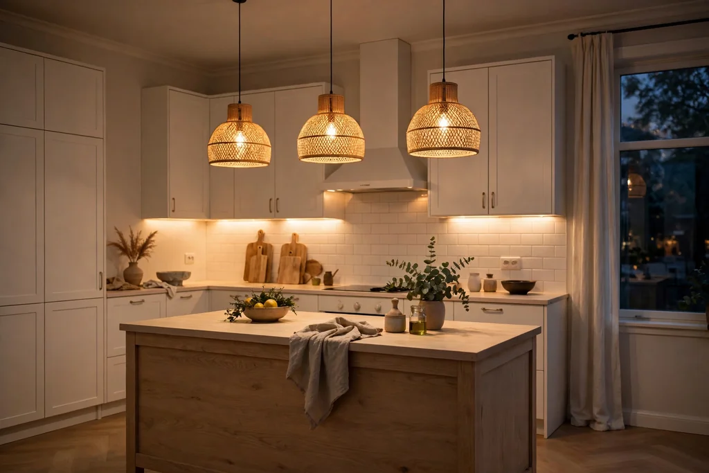 Scandinavian kitchen in the evening with warm pendant lighting.