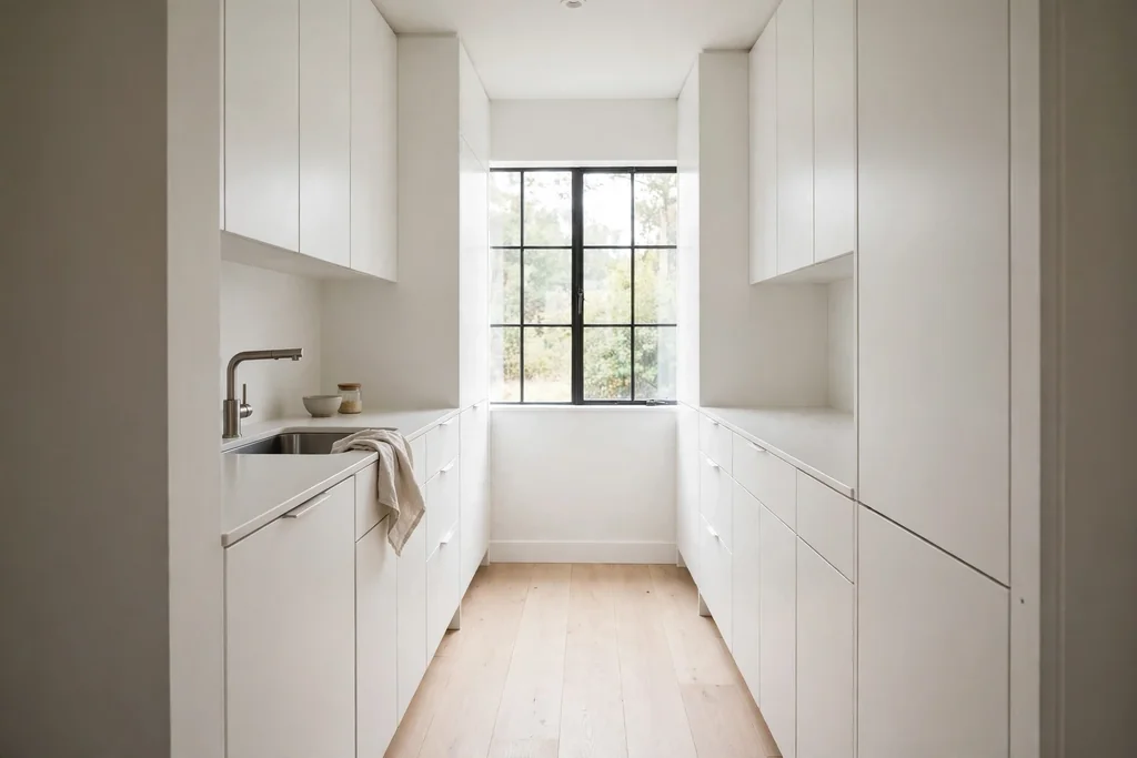 Small light galley kitchen with white cabinets and pale wood floors.