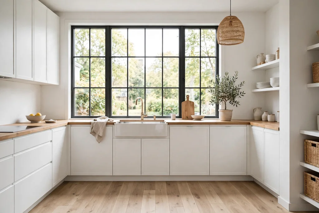 Scandinavian kitchen with light wood floors and soft white walls.