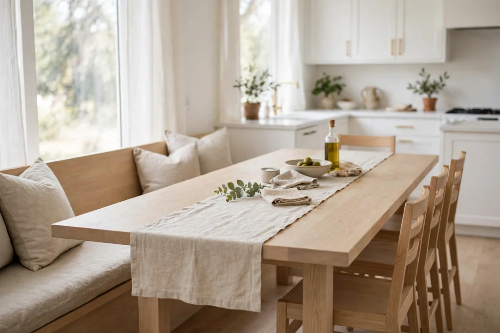 Long pale wood dining table with a bench and chairs in a kitchen.