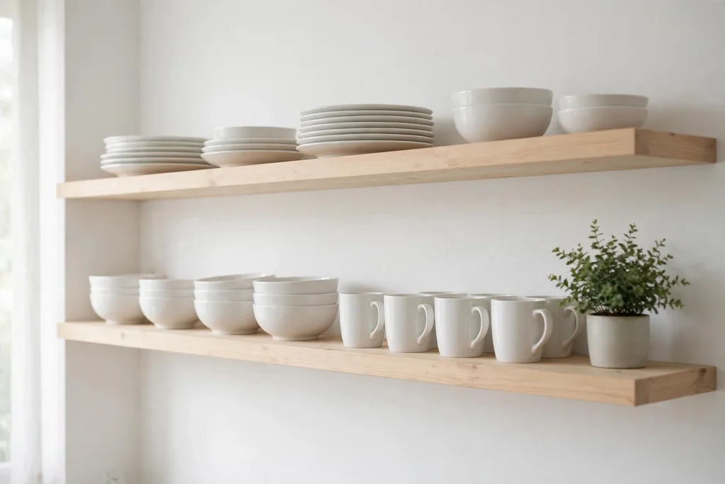 Open pale wood shelves holding white ceramics in a kitchen.