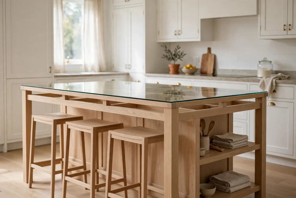 Pale wood kitchen island with slim stools and a clear top.