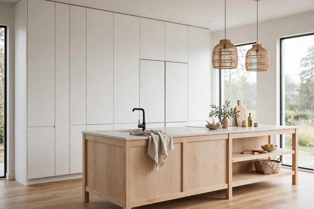 Scandinavian kitchen with appliances hidden behind cabinet fronts.
