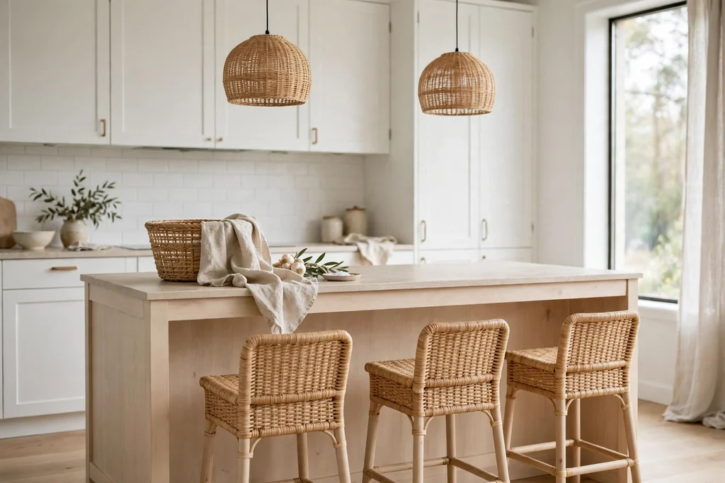 Scandinavian kitchen with rattan stools and woven textures.