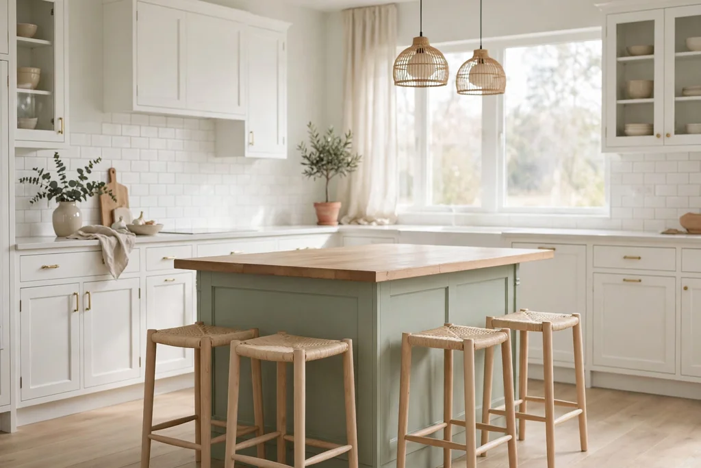 Pale kitchen with a soft sage green island and white cabinets.