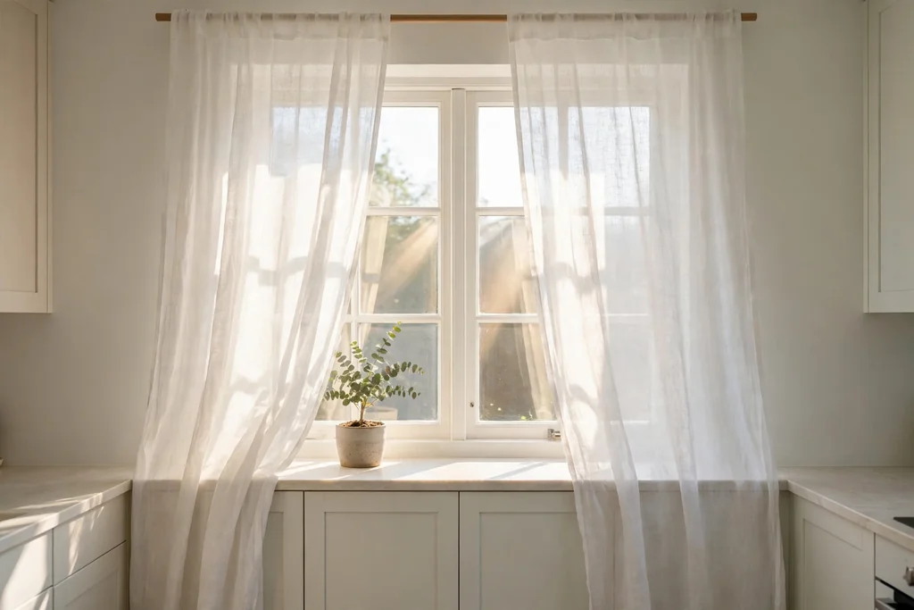 Bright kitchen window with sheer linen curtains.