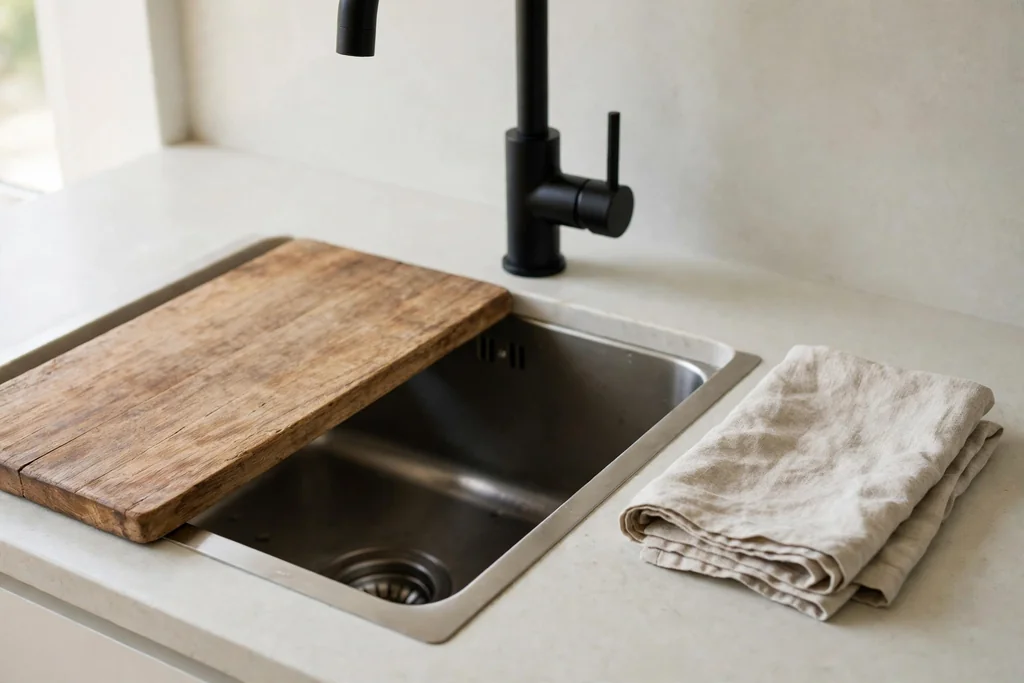 Simple kitchen sink with a plain tap and a wood board.