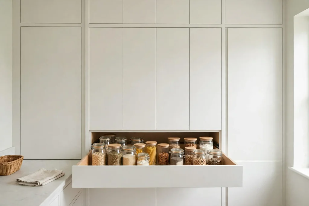 Tall white pantry wall with a deep drawer open showing storage.