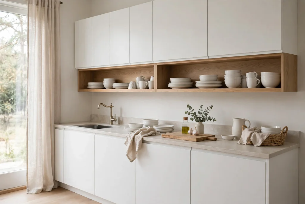Scandinavian kitchen with white flat-front cabinets and light oak accents.