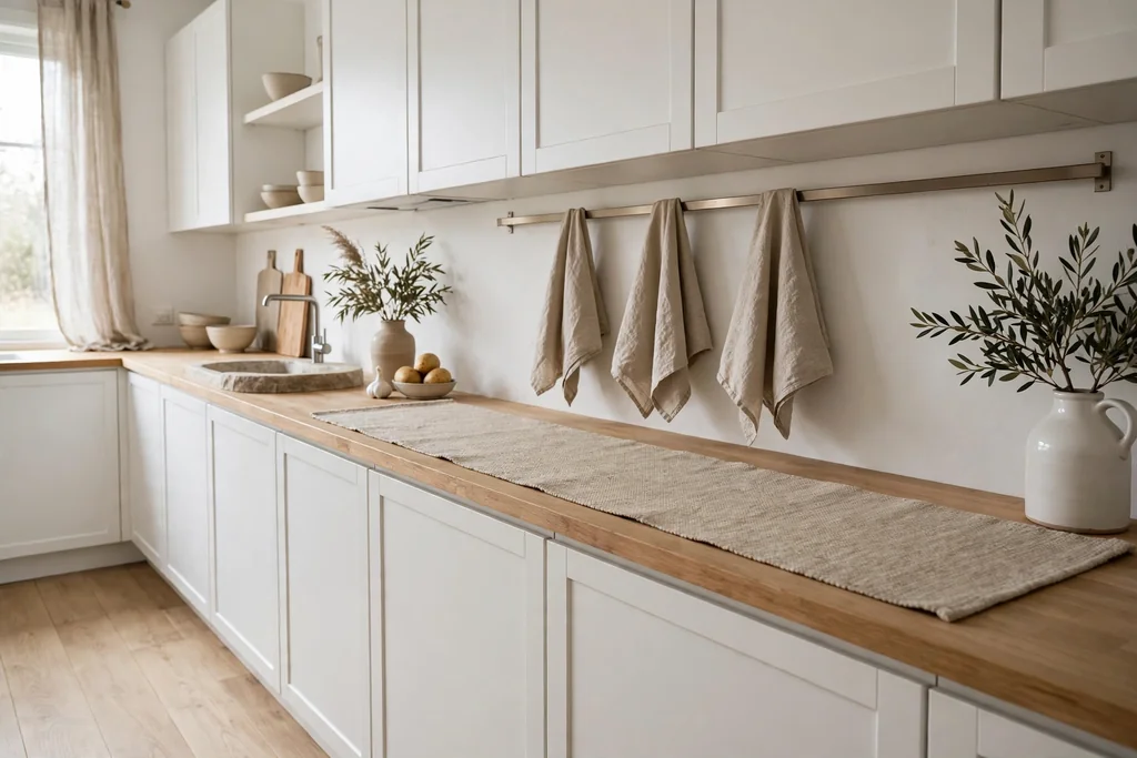 Scandinavian kitchen with a flat wool runner and linen towels.