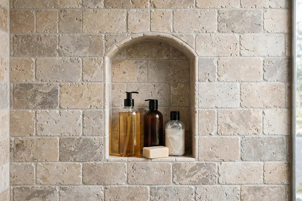 Tiled shower wall with a recessed arched niche holding shampoo bottles and soap