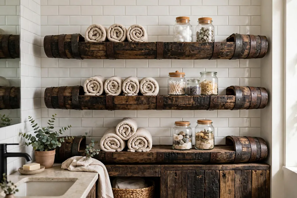 Bathroom with open shelves made of dark reclaimed barrel wood holding rolled towels and jars