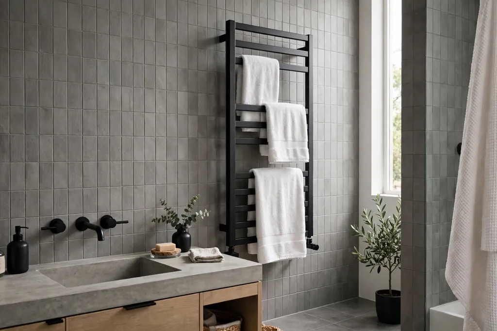Bathroom with a matte black heated ladder towel rail holding white towels and black taps
