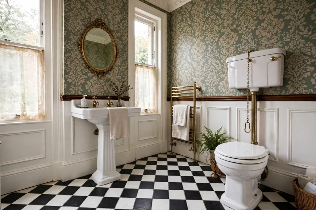 Victorian style bathroom with black and white checkerboard floor tiles and a white pedestal basin