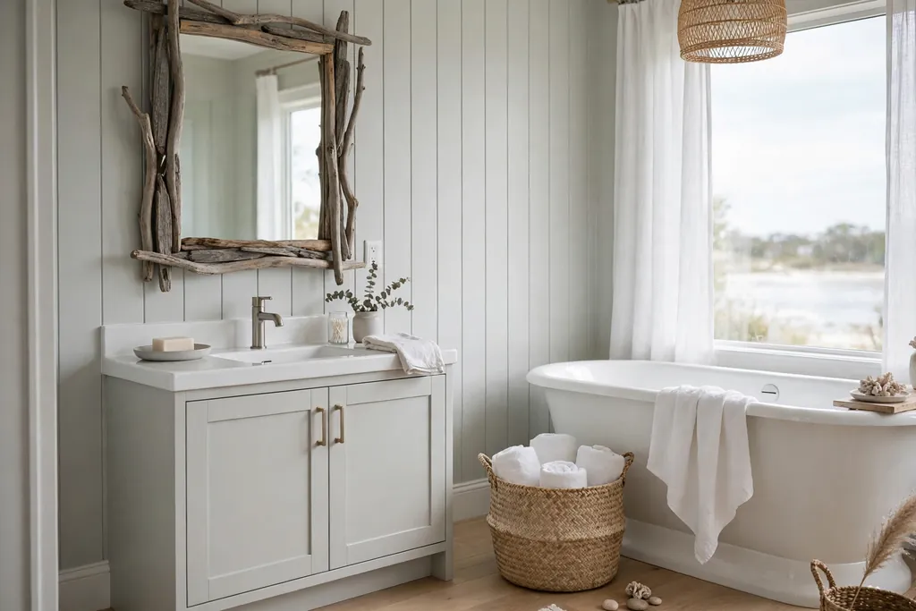 Pale grey and white coastal bathroom with a driftwood framed mirror white bath and seagrass basket