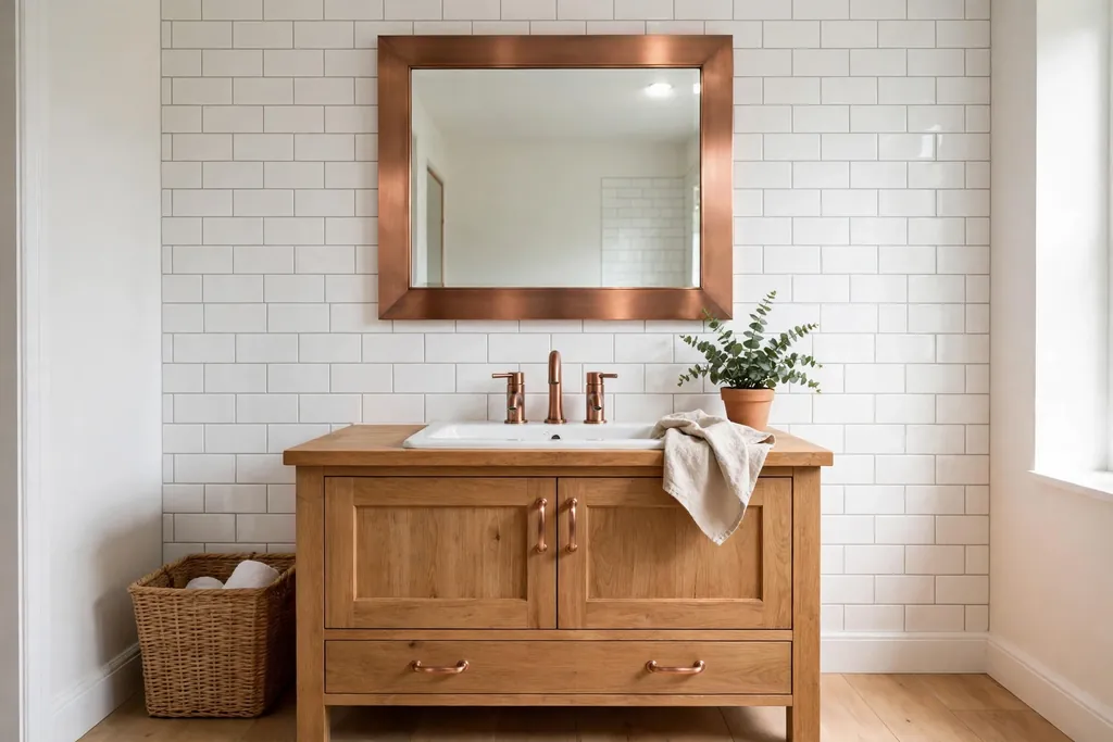 Bathroom with brushed copper taps and a copper framed mirror above a white basin and white subway tiles