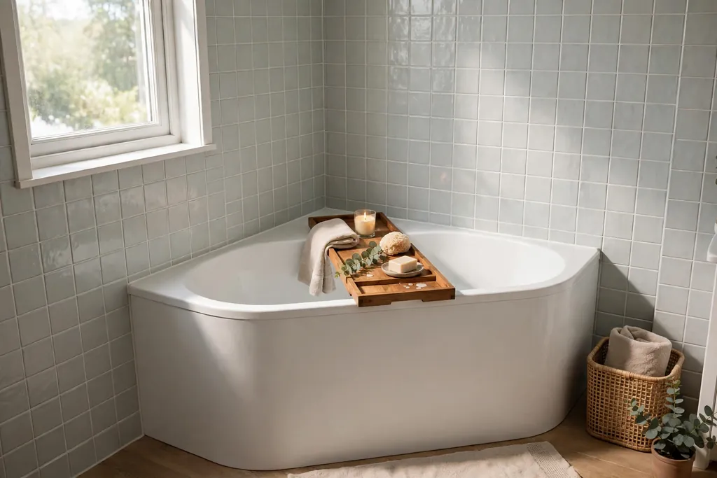 Small bathroom with a corner soaking tub fitted into the corner pale grey tiles and a wood bath tray