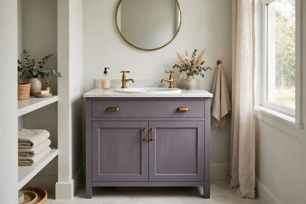Bathroom with a muted heather purple painted vanity cabinet white basin and brass taps